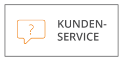 Symbole d'une bulle de dialogue orange avec un point d'interrogation à côté du texte « SERVICE CLIENT » en gris, le tout encadré dans un rectangle.
