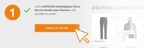 Un écran français de confirmation de panier affiche un bouton orange indiquant "VERS LA CAISSE" sur lequel pointe un curseur, et une coche verte confirmant qu'un article a été ajouté au panier.