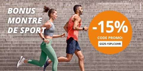 Un homme et une femme en tenue de sport courent à l'extérieur. Le texte offre une réduction de 15 % sur une montre de sport avec le code promotionnel GS25-15PLCUHR. On aperçoit de grandes marches grises en arrière-plan.
