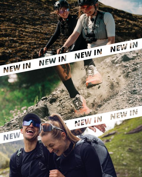 Trois photos : des cyclistes souriants, un gros plan de chaussures de trail et deux randonneurs riant en plein air, chacune avec l'inscription « NEW IN » au-dessus de l'image.