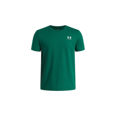 T-shirt vert à manches courtes avec un logo Under Armour blanc sur la poitrine gauche, représenté sur un fond blanc et rond.
