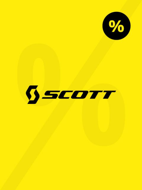 Fond jaune avec le mot noir « Scott » et un logo « S » stylisé. Un grand signe de pourcentage est faiblement visible en arrière-plan, et un signe de pourcentage noir plus petit dans un cercle noir se trouve dans le coin supérieur droit.