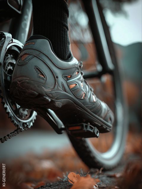 Un gros plan du pied d'une personne portant une chaussure de vélo sur une pédale de vélo, avec des feuilles d'automne et un paysage extérieur flou en arrière-plan.