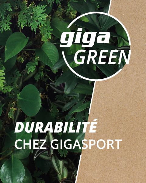 Plantes à feuilles vertes sur la gauche, surface structurée marron sur la droite. Le texte blanc indique : "giga GREEN" dans un cercle et "DURABILITÉ CHEZ GIGASPORT" en dessous. L'image suggère la durabilité chez Gigasport.