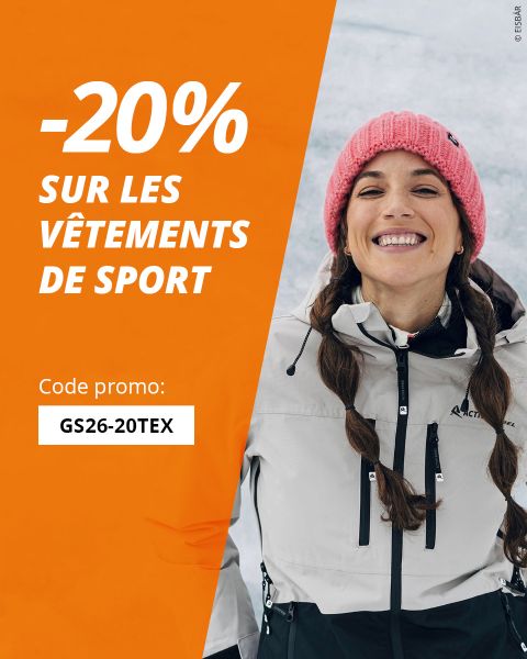 Femme souriante en vêtements de sports d'hiver et bonnet rose. Texte : "-20% sur les vêtements de sport." Code promo : GS26-20TEX. Arrière-plan orange et blanc.