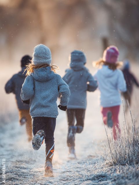 Cinq enfants en vêtements d'hiver courent sur un chemin glacé à l'extérieur, où le soleil brille et le givre recouvre le sol et les plantes.