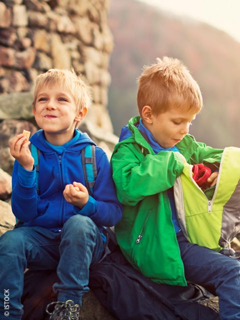 Deux petits garçons sont assis dehors sur des rochers. L